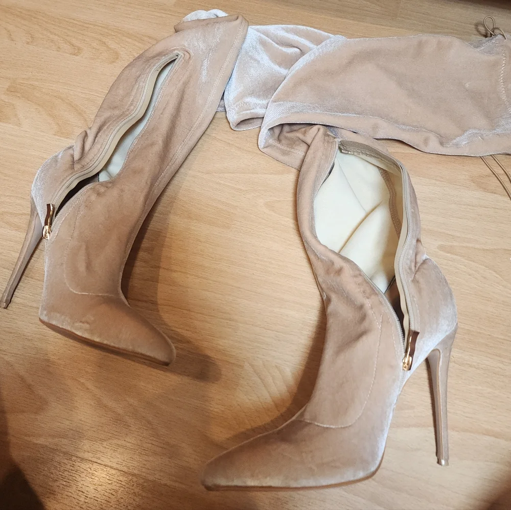 Simmi London Velvet Over The Knee Thigh High Stileto Pointed Toe Boots Beige 8